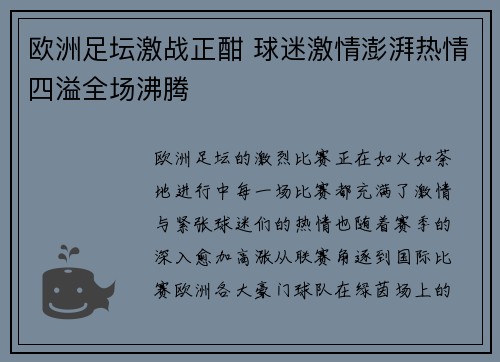 欧洲足坛激战正酣 球迷激情澎湃热情四溢全场沸腾